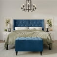 thumbnail image 1 of Castle Place Button Tufted Wingback Velvet Upholstered Bed with Storage Bench, Navy Blue, King, 1 of 10