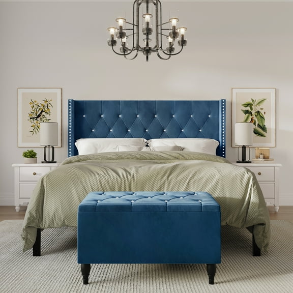 Castle Place Button Tufted Wingback Velvet Upholstered Bed with Storage Bench, Navy Blue, King