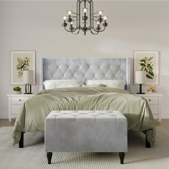 Castle Place Button Tufted Wingback Velvet Upholstered Bed with Storage Bench, Silver Grey, Full