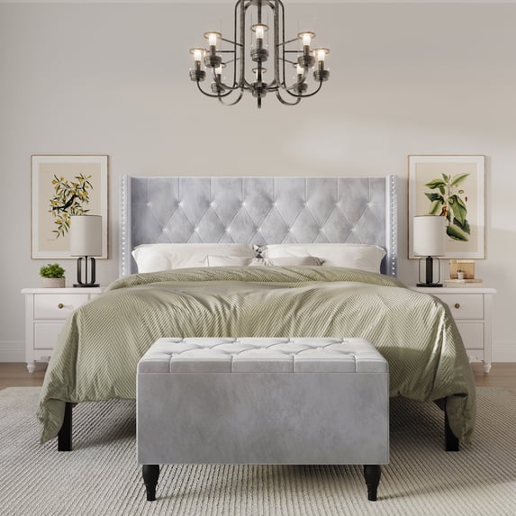 Castle Place Button Tufted Wingback Velvet Upholstered Bed with Storage Bench, Silver Grey, King