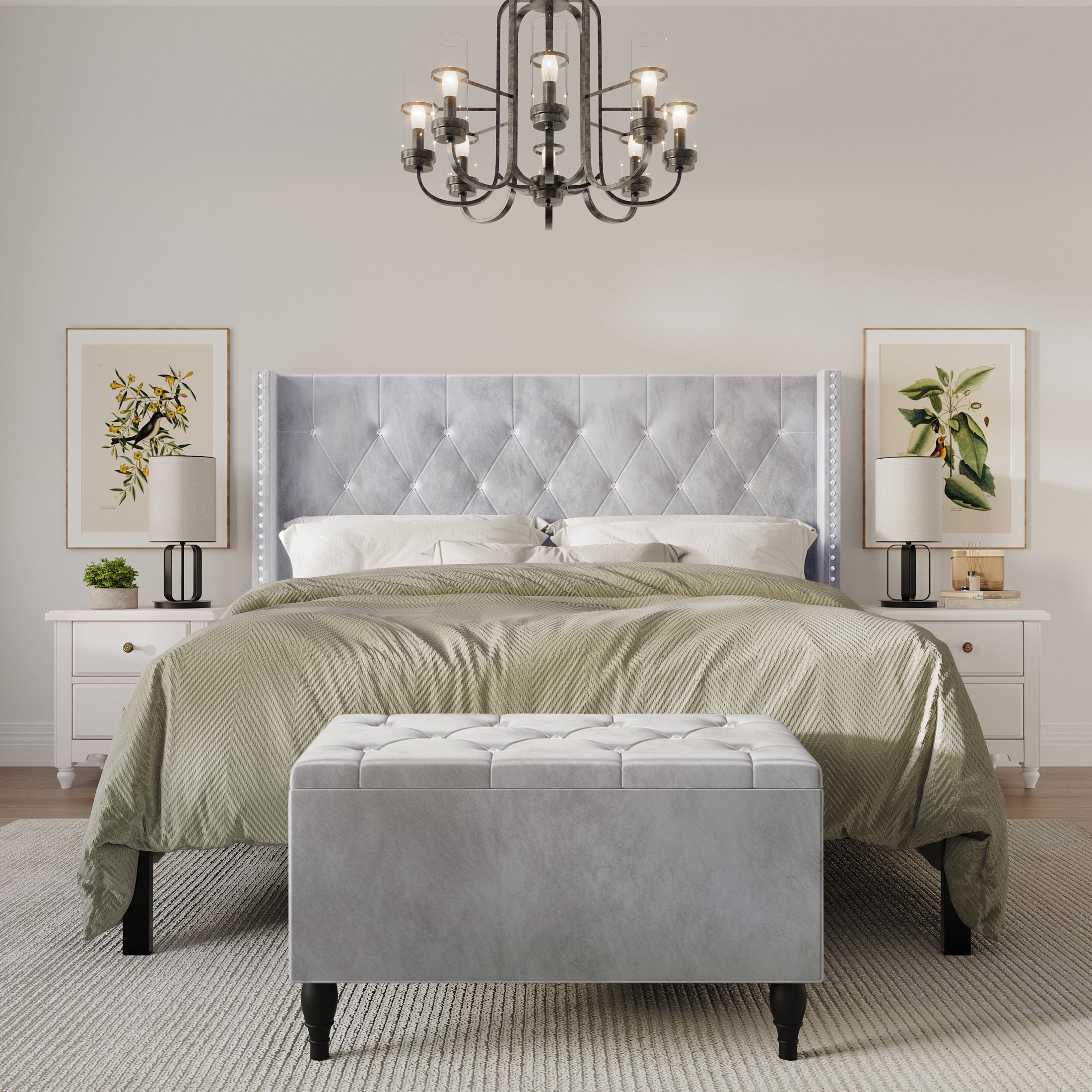 Castle Place Button Tufted Wingback Velvet Upholstered Bed with Storage Bench, Silver Grey, Queen