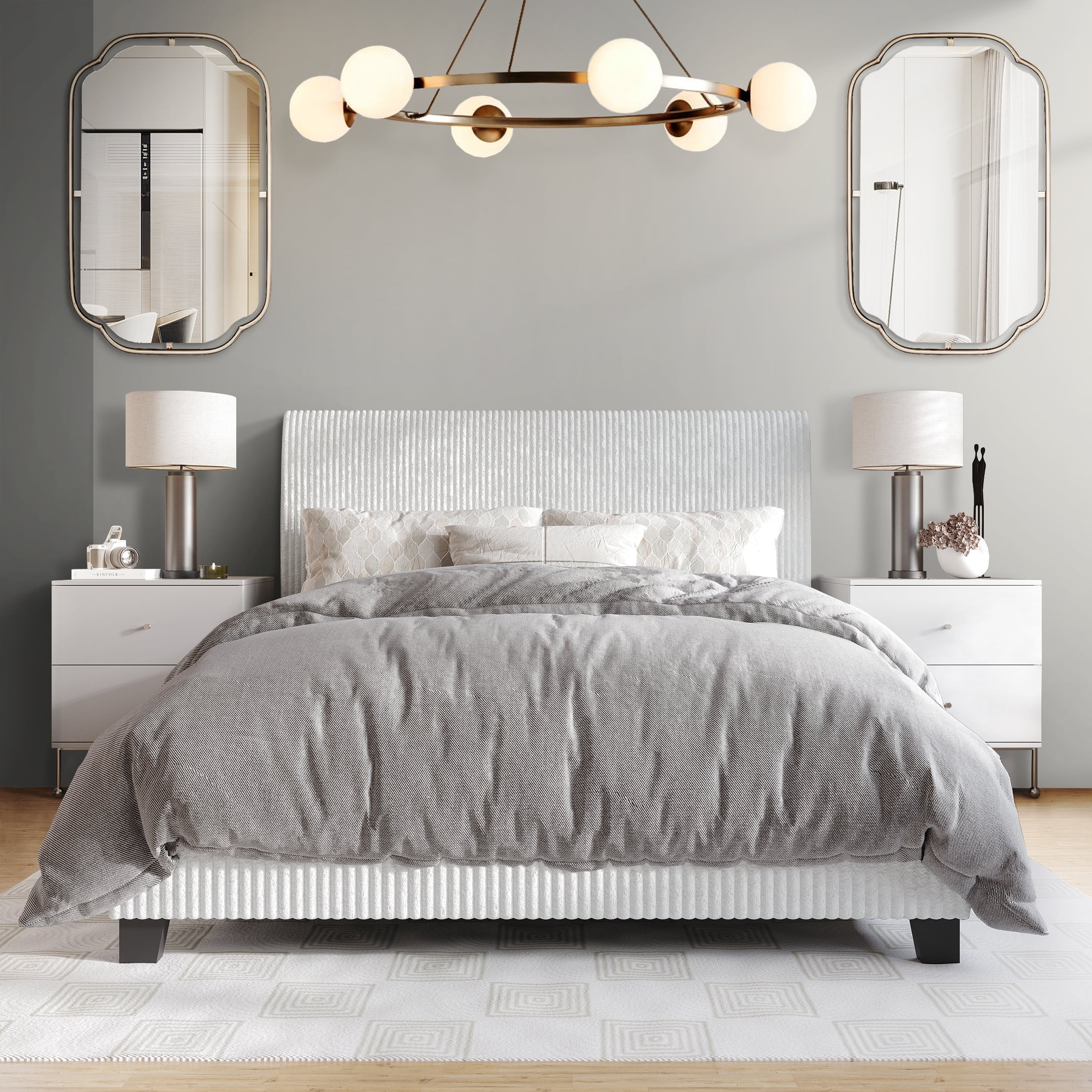 Castle Place Chic Corduroy Velvet Upholstered Full Bed, White