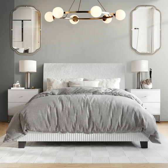 Castle Place Chic Corduroy Velvet Upholstered Full Bed, White