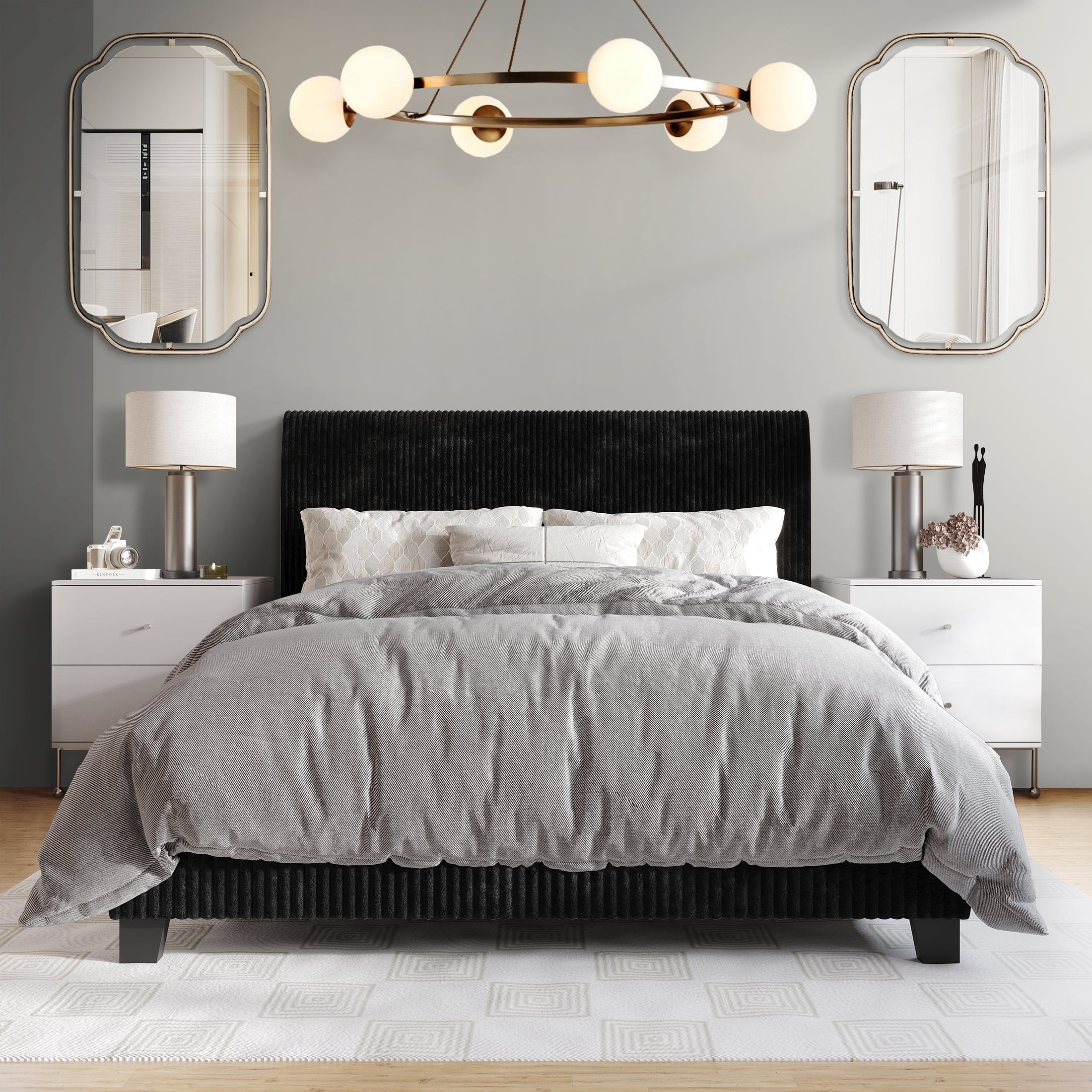 Castle Place Chic Corduroy Velvet Upholstered King Bed, Black