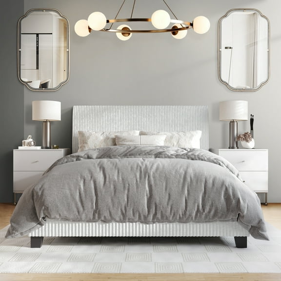 Castle Place Chic Corduroy Velvet Upholstered King Bed, White