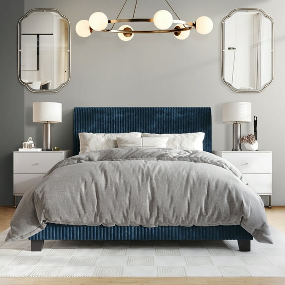 Castle Place Chic Corduroy Velvet Upholstered Queen Bed, Navy Blue