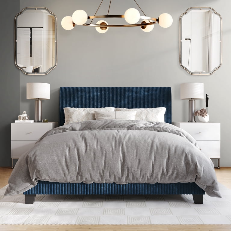 Castle Place Chic Corduroy Velvet Upholstered Queen Bed, Navy Blue