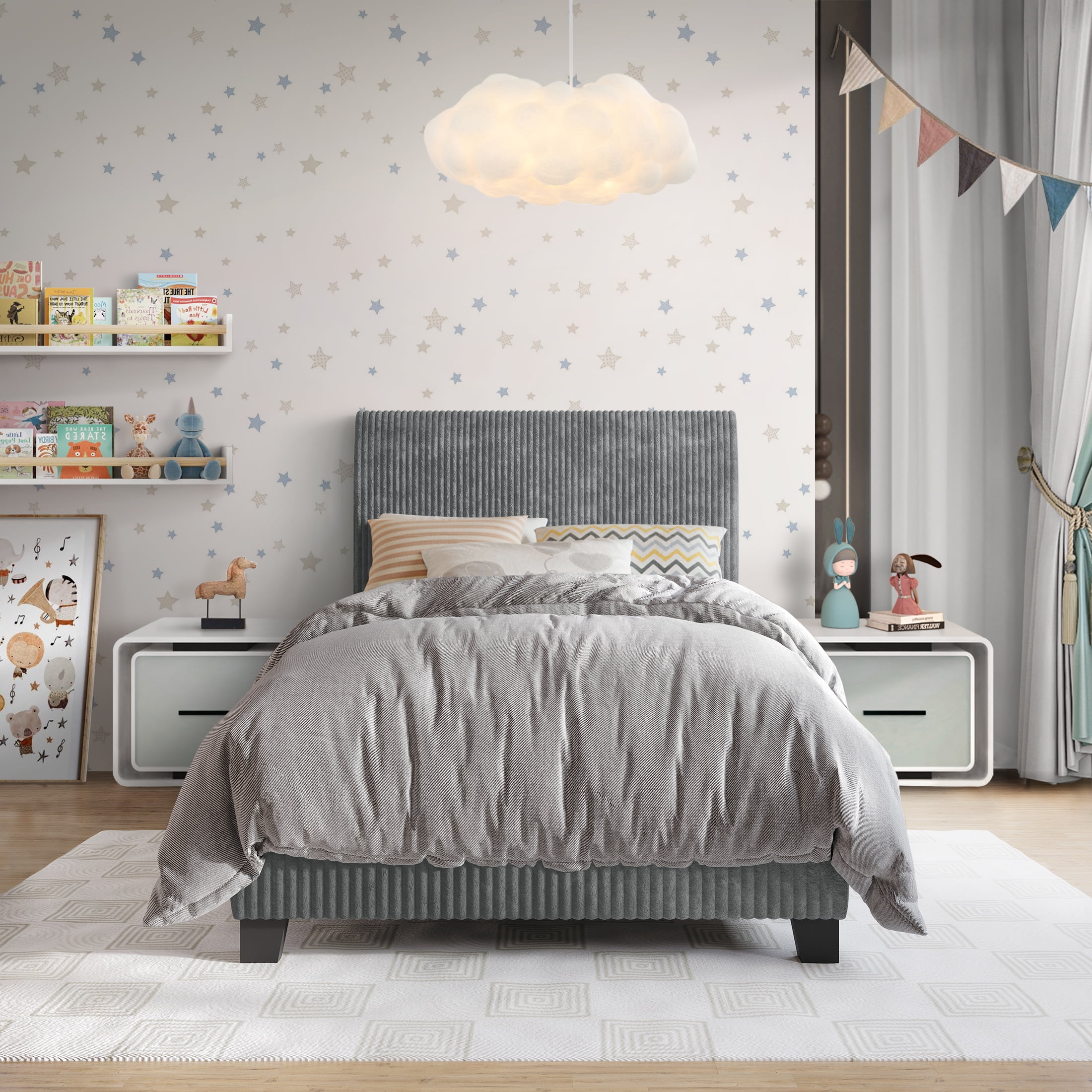 Castle Place Chic Corduroy Velvet Upholstered Twin Bed, Gray
