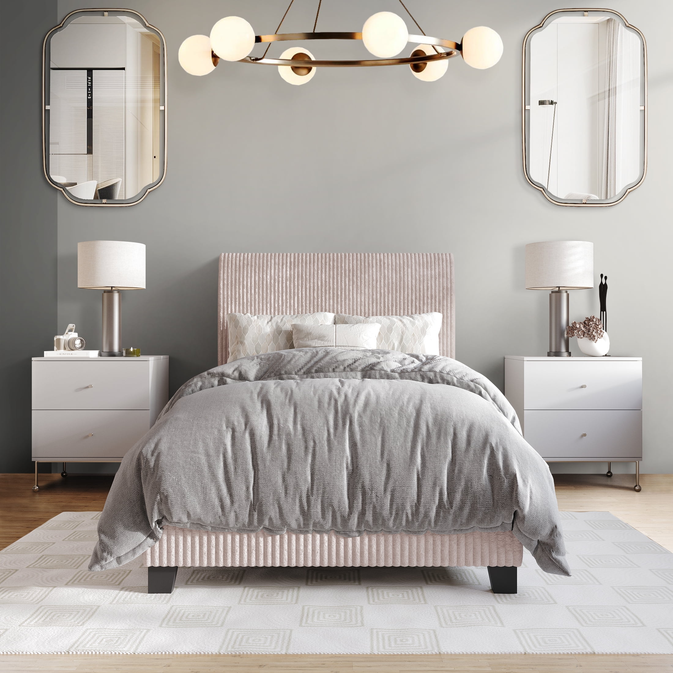 Castle Place Chic Corduroy Velvet Upholstered Twin Bed, Light Pink