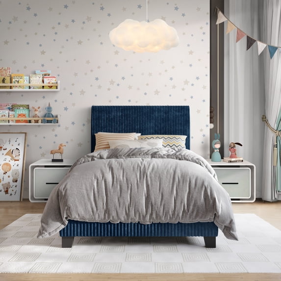 Castle Place Chic Corduroy Velvet Upholstered Twin Bed, Navy Blue