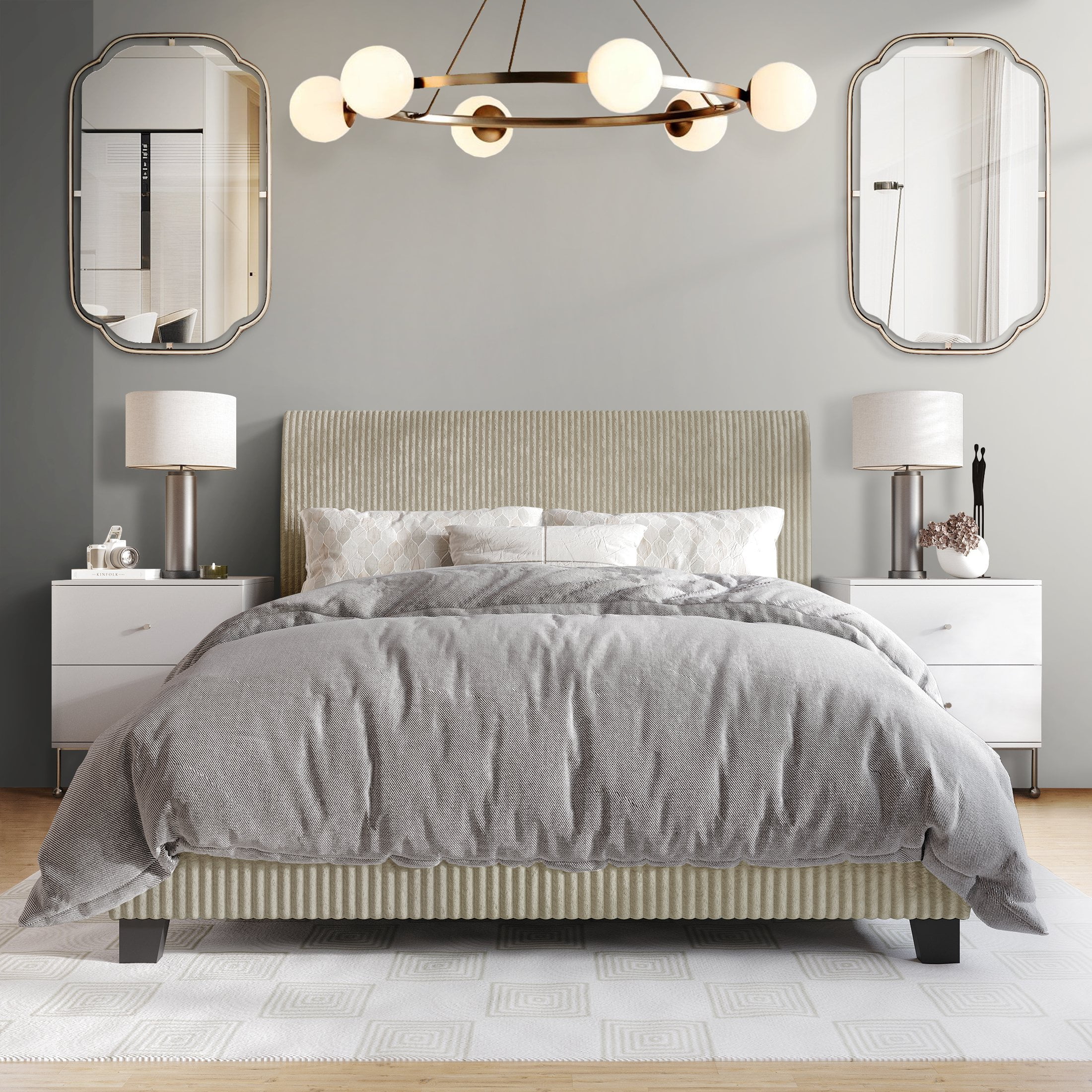Castle Place Chic Corduroy Velvet Upholstered Queen Bed, Beige