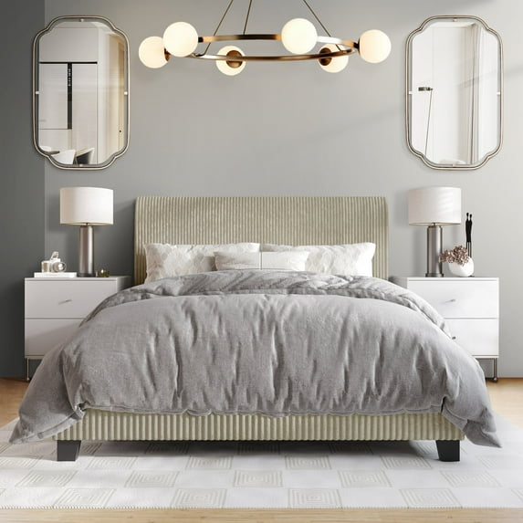 Castle Place Chic Corduroy Velvet Upholstered Queen Bed, Beige