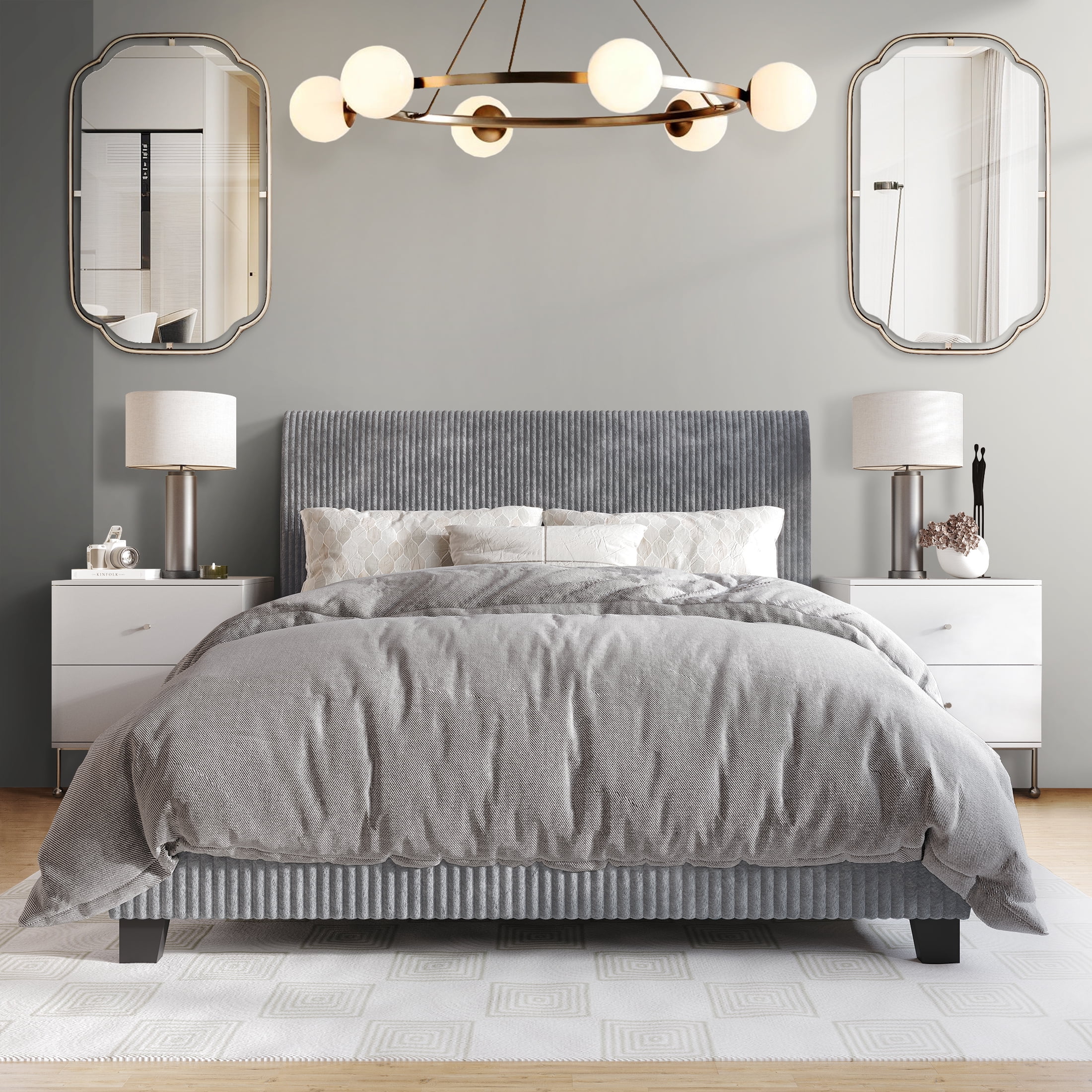 Grey suede headboard bed discount