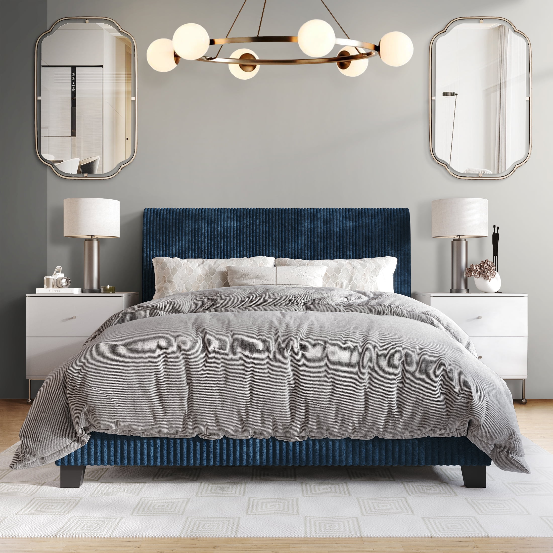 Castle Place Chic Corduroy Velvet Upholstered Queen Bed, Navy Blue
