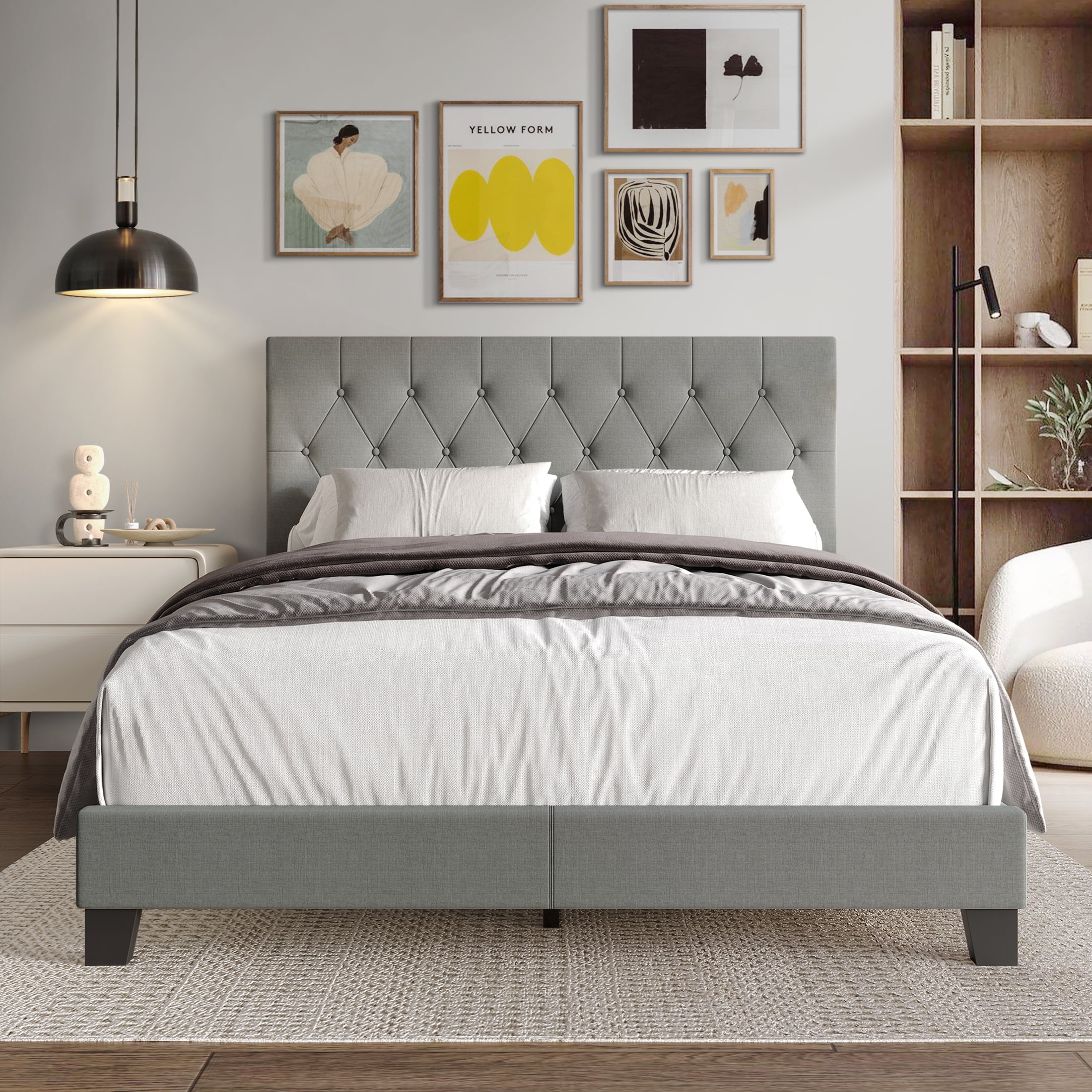 Grey linen upholstered bed discount