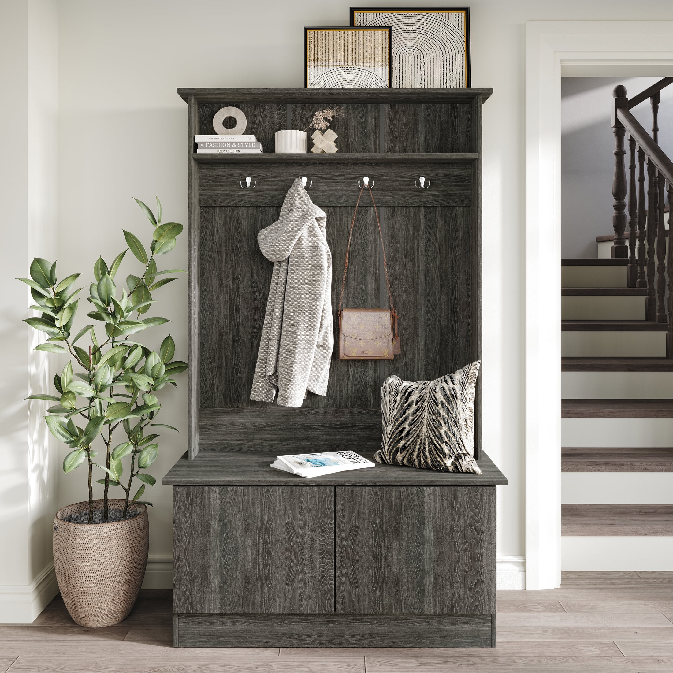 Gray hall tree with storage bench hotsell