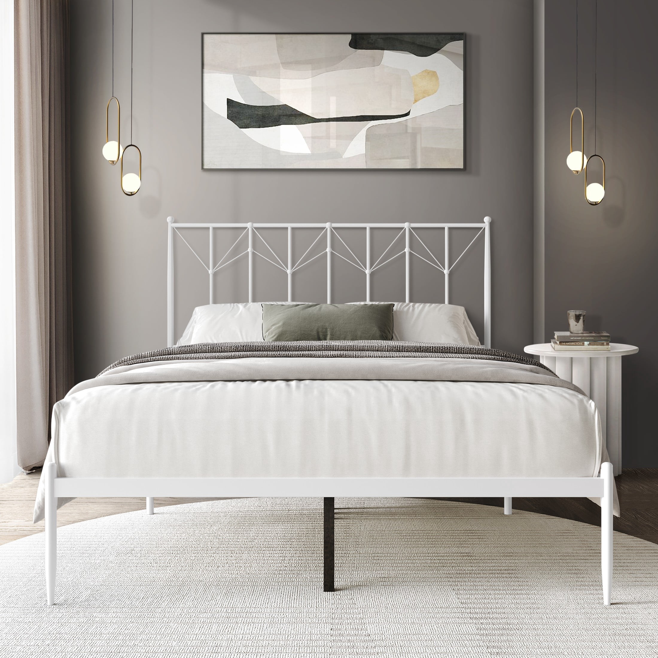 Castle Place Metal Platform Bed, King, White, Classic