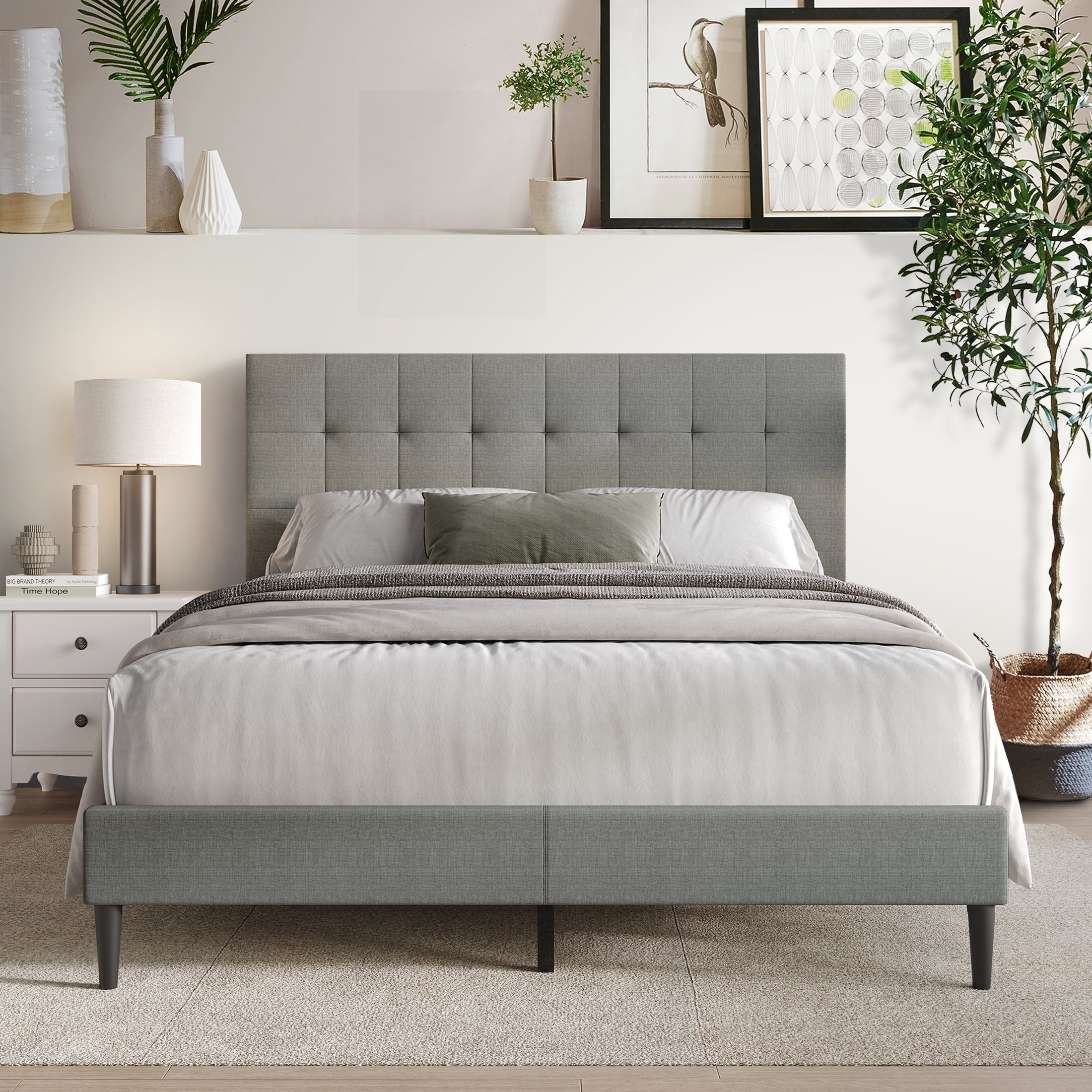 Castle Place Classic Linen Upholstered Full Platform Bed, Light Grey