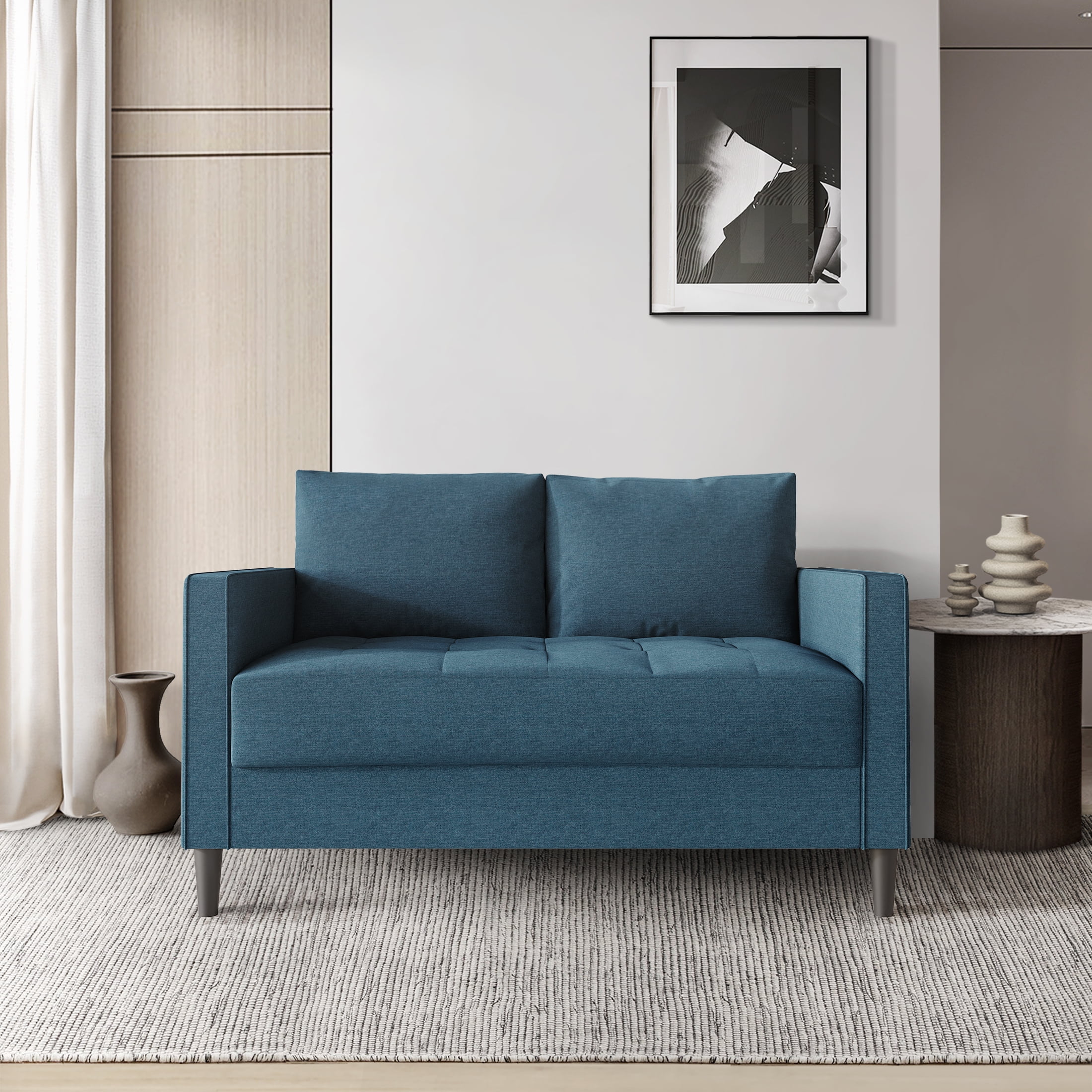 Castle Place Classic Linen Upholstered Loveseat, Blue