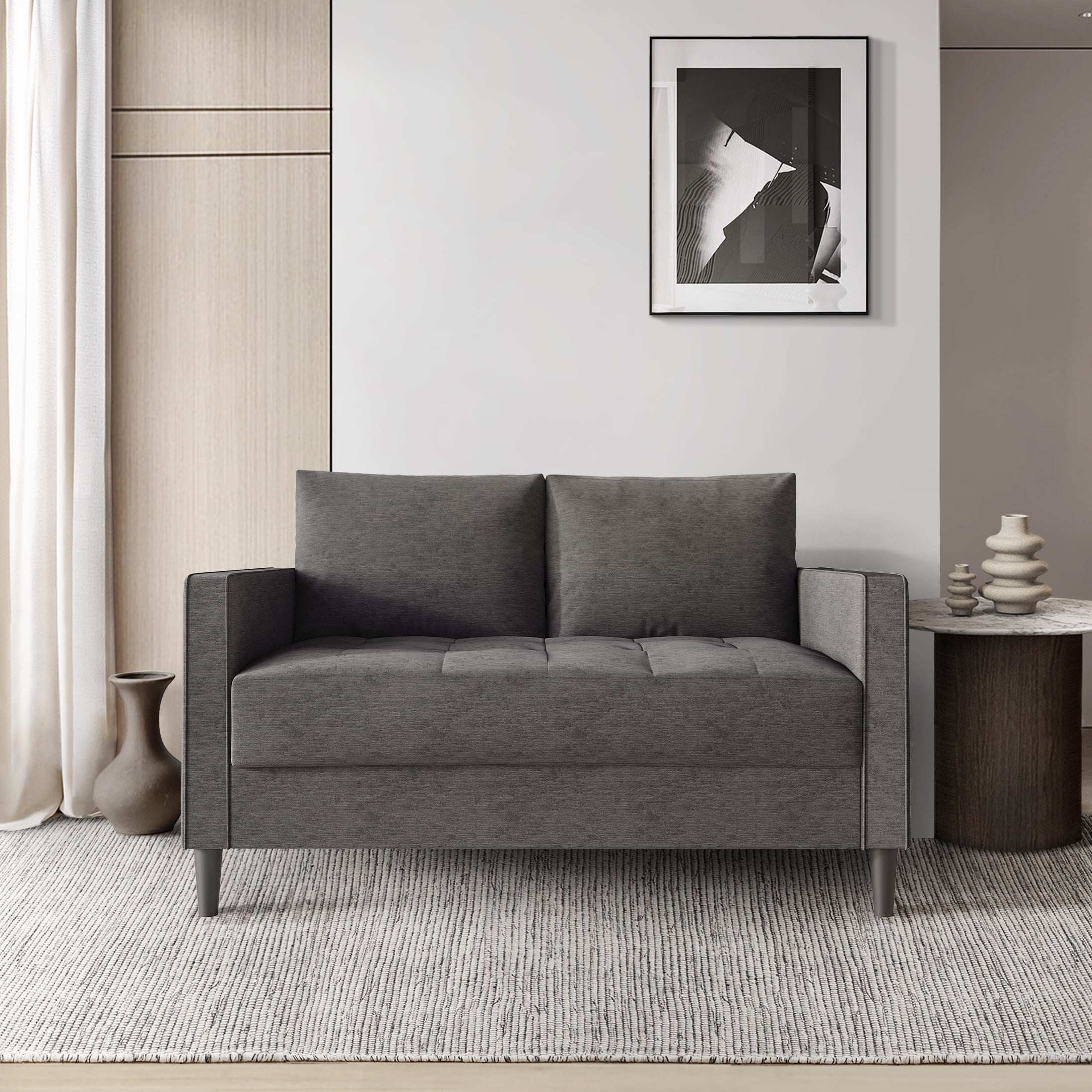 Castle Place Classic Linen Upholstered Loveseat, Dark Grey