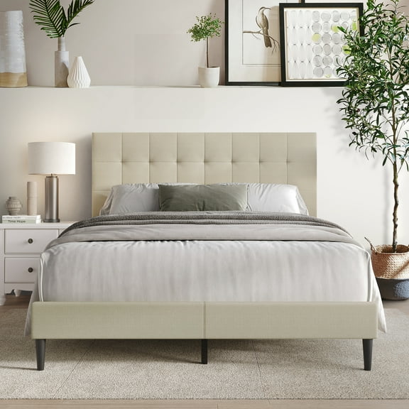 Castle Place Classic Linen Upholstered Queen Platform Bed, Beige