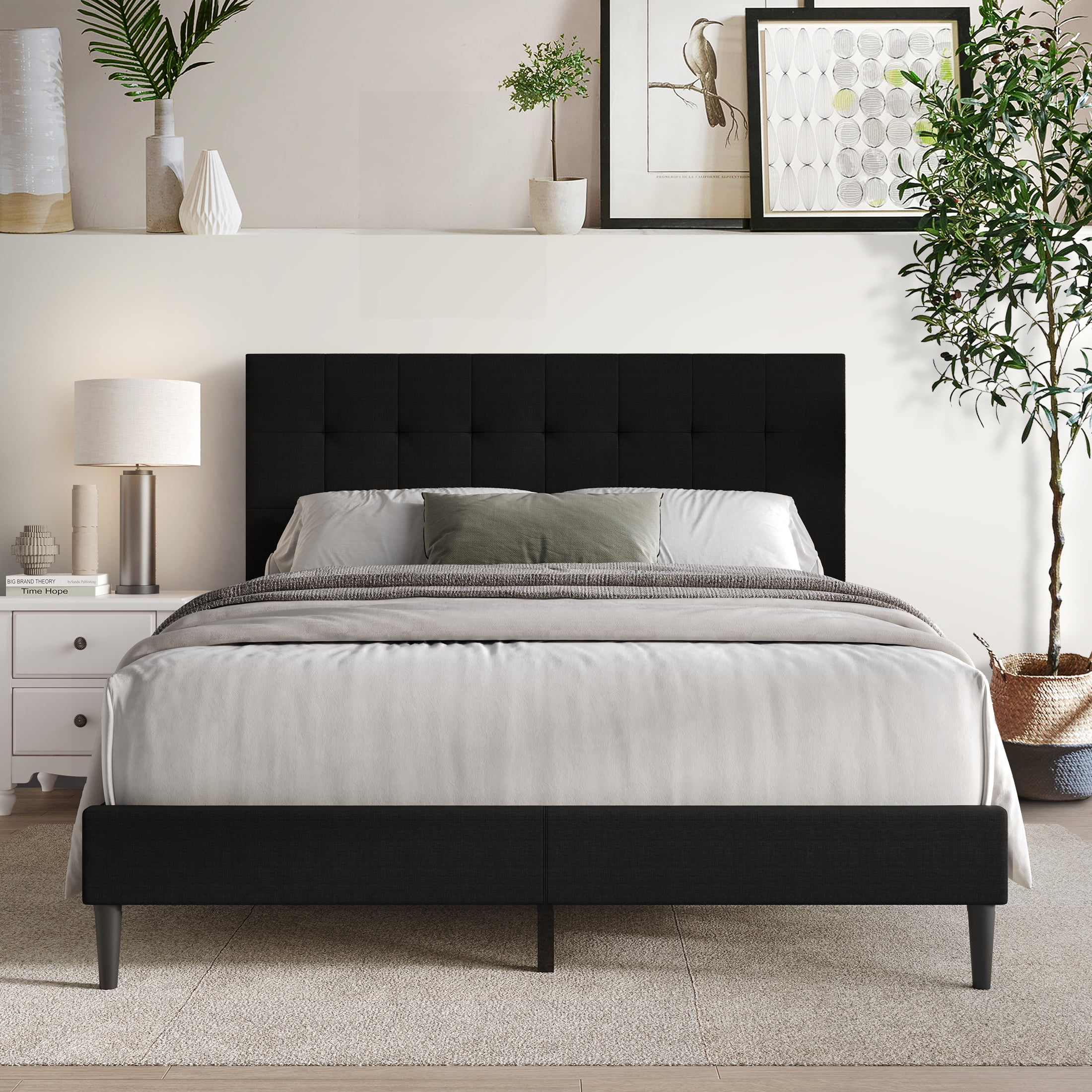 CASTLE PLACE Queen Platform Bed Black Linen Upholstered with Headboard ...
