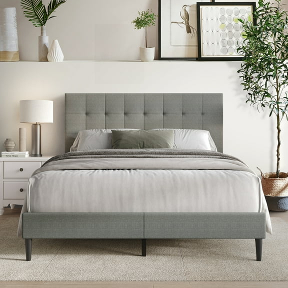 Castle Place Classic Linen Upholstered Queen Platform Bed, Light Grey