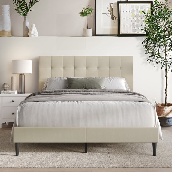 Castle Place Classic Linen Upholstered Twin Platform Bed, Beige