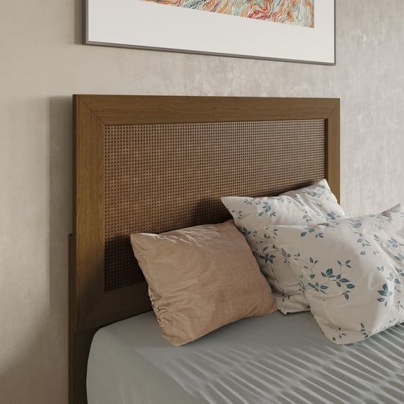 Castle Place Rattan Wooden Twin Headboard, Walnut Finish, Classic Style