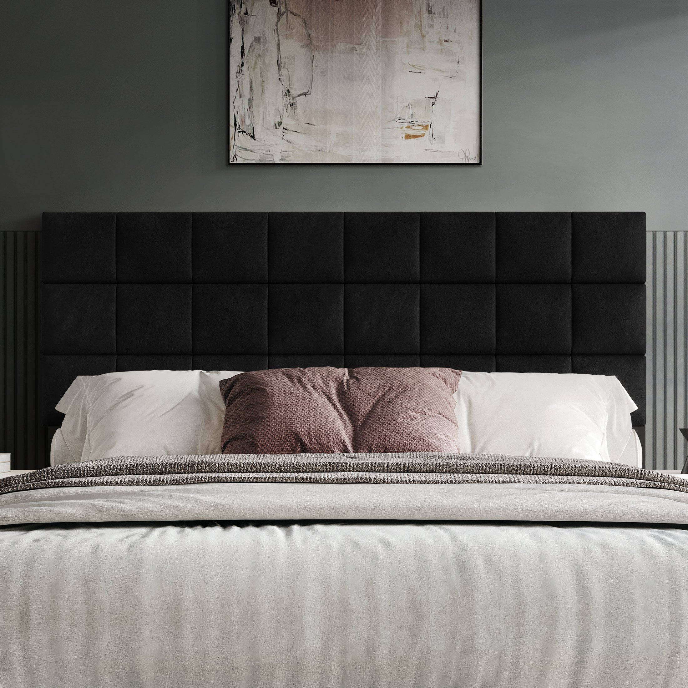 Castle Place Classic Sqaure Tufted Velvet Upholstered Full Headboard, Black