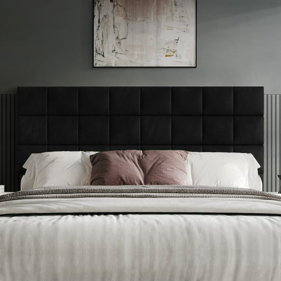 Castle Place Classic Sqaure Tufted Velvet Upholstered King Headboard, Black