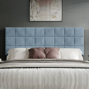 Castle Place Classic Sqaure Tufted Velvet Upholstered Queen Headboard, Light Blue