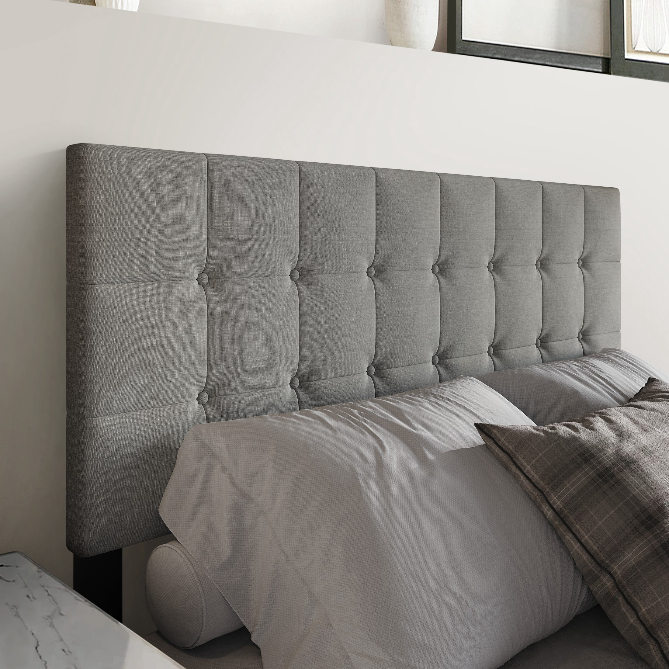 Castle Place Full Square Button-Tufted Upholstered Headboard, Linen, Light Grey