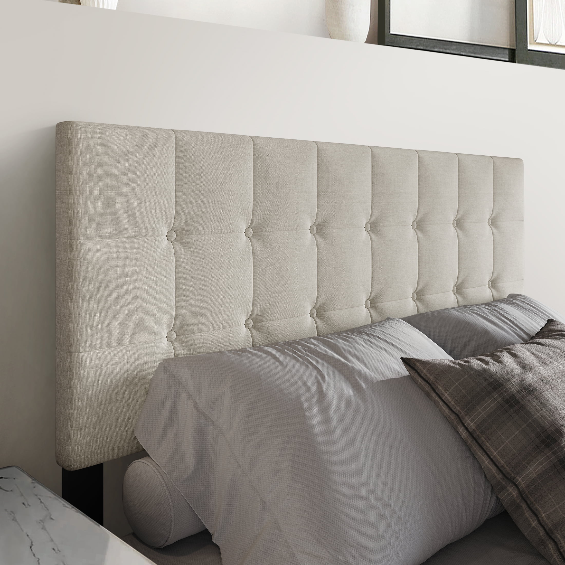 Castle Place Full Size Linen Upholstered Headboard with Square Button-Tufted Design, Warm Grey