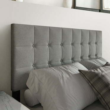 Castle Place Classic Square Button-Tufted Linen King Upholstered Headboard, Light Grey