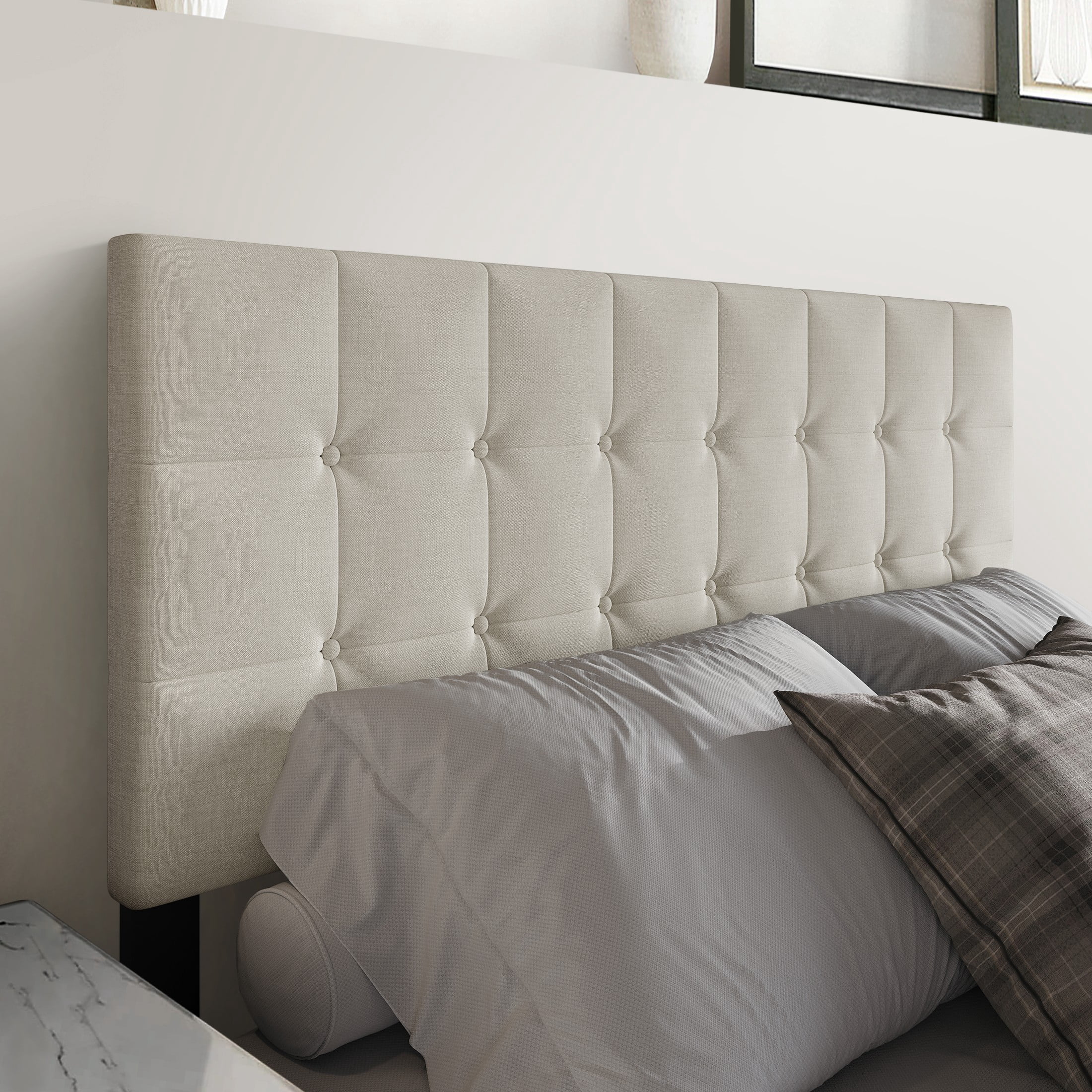 Castle Place King Size Square Button-Tufted Linen Upholstered Headboard in Warm Grey