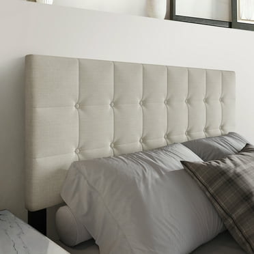 Castle Place Classic Square Button-Tufted Linen Queen Upholstered Headboard, Warm Grey