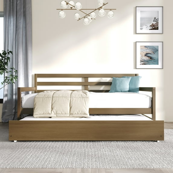 Castle Place Classic Twin Size Wooden Daybed with Trundle, Light Oak