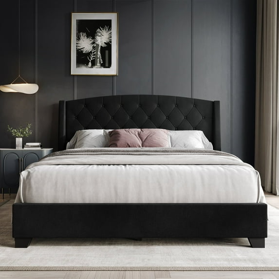 Castle Place Classic Velvet Full Platform Bed with Storage, Black