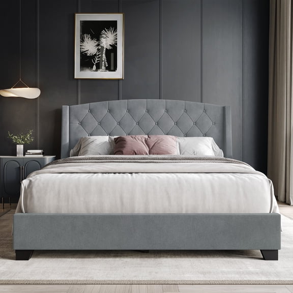 Castle Place King Platform Bed with Storage, Velvet Upholstered, Light Grey
