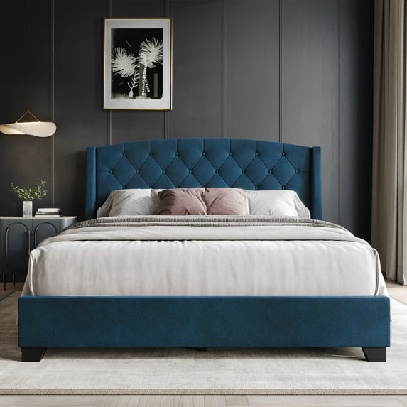Castle Place Velvet Platform Bed, King Size, Navy Blue with Storage