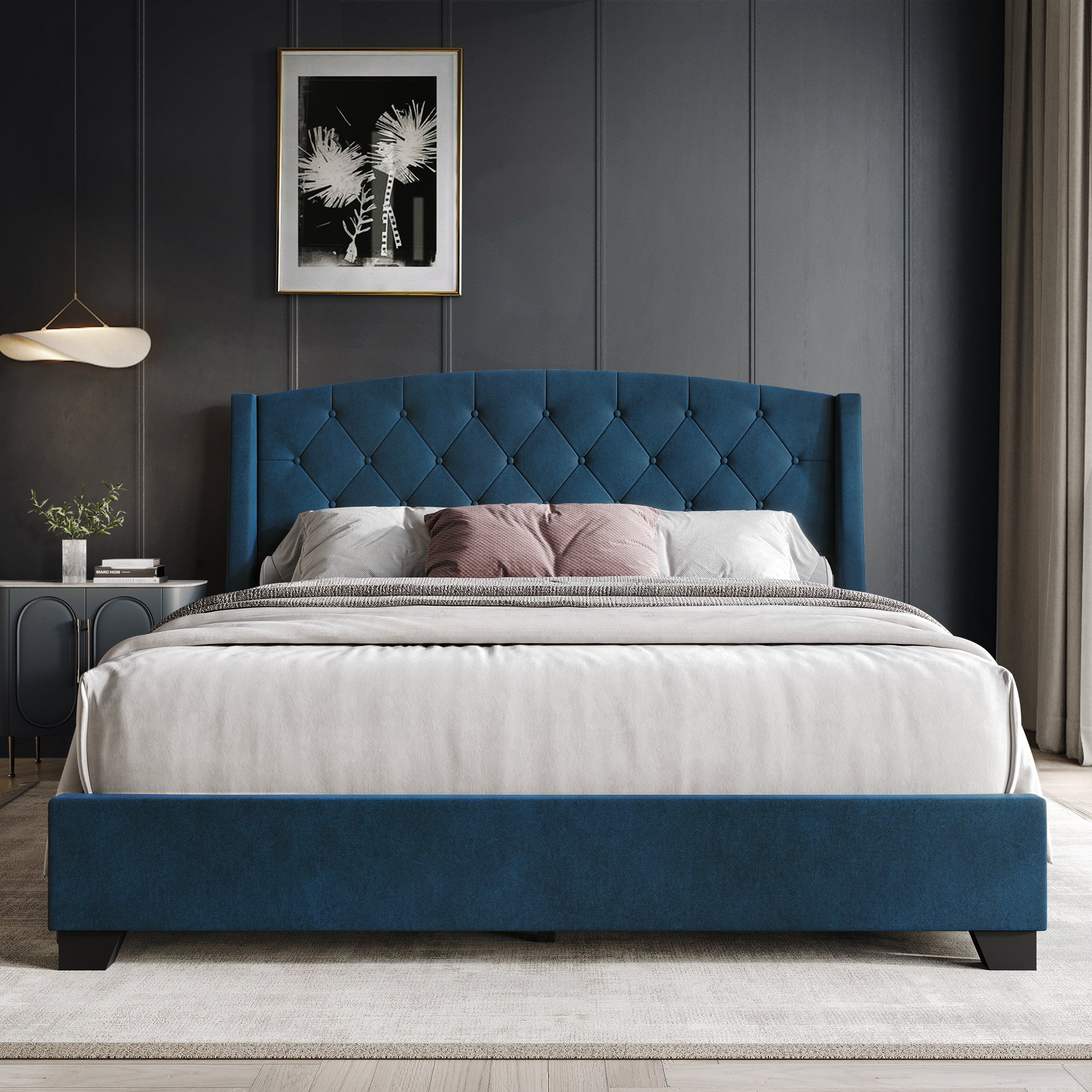 Navy Blue King Upholstered Wingback Storage Bed with Nailhead Trim