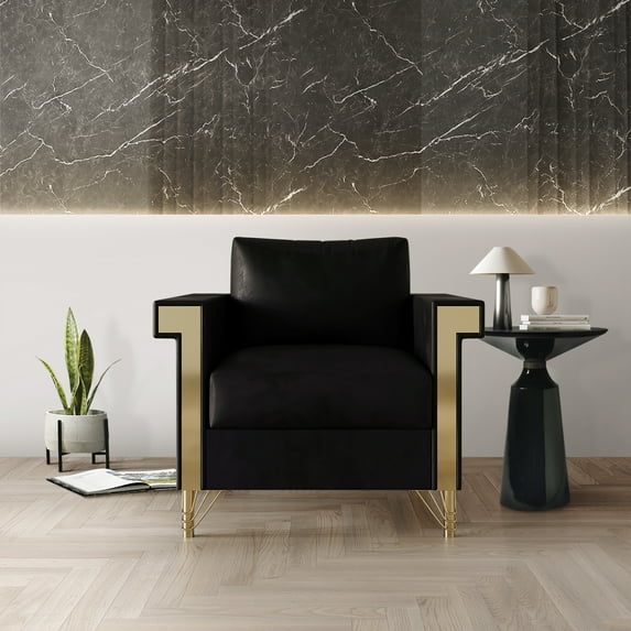 Castle Place Comtemporary Glam Velvet Upholstered Armchair, Black