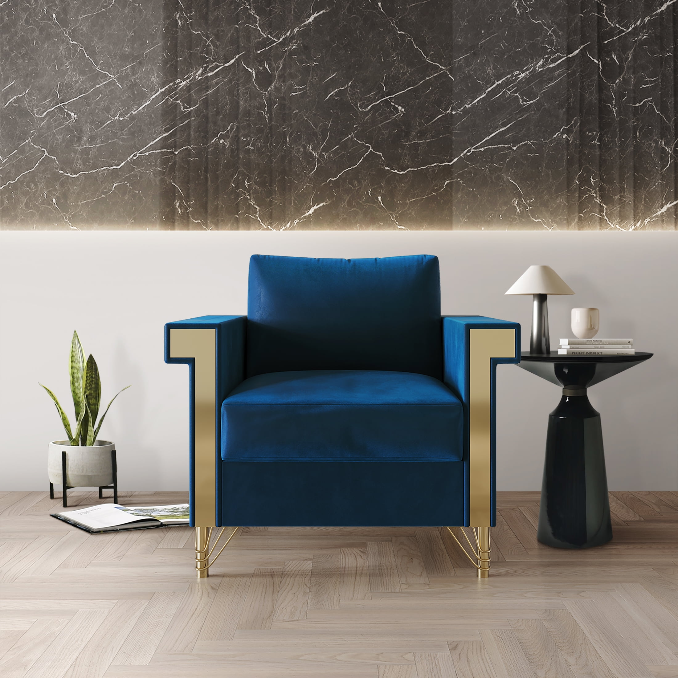 Castle Place Comtemporary Glam Velvet Upholstered Armchair, Navy Blue
