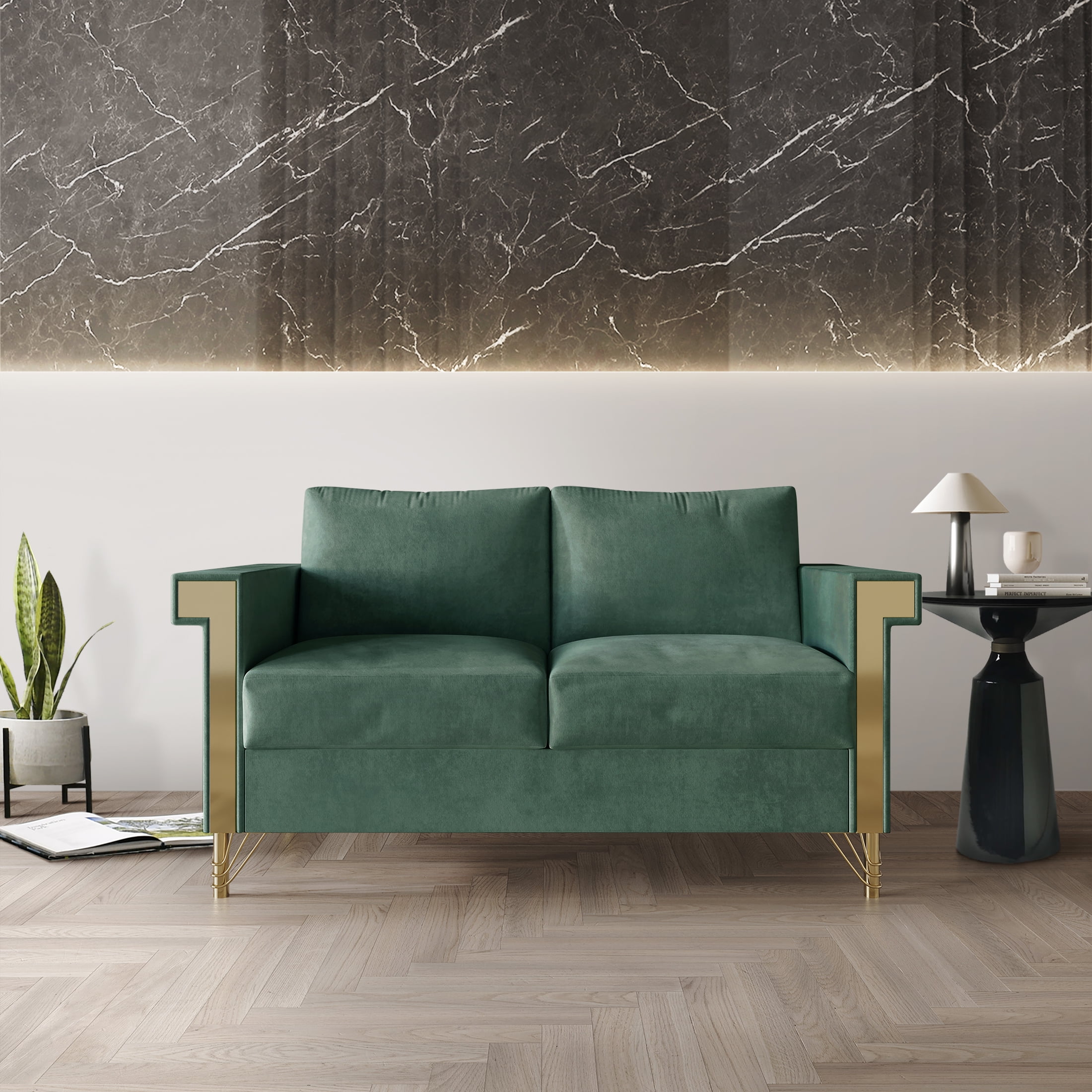 Castle Place Comtemporary Glam Velvet Upholstered Loveseat, Carribean Green