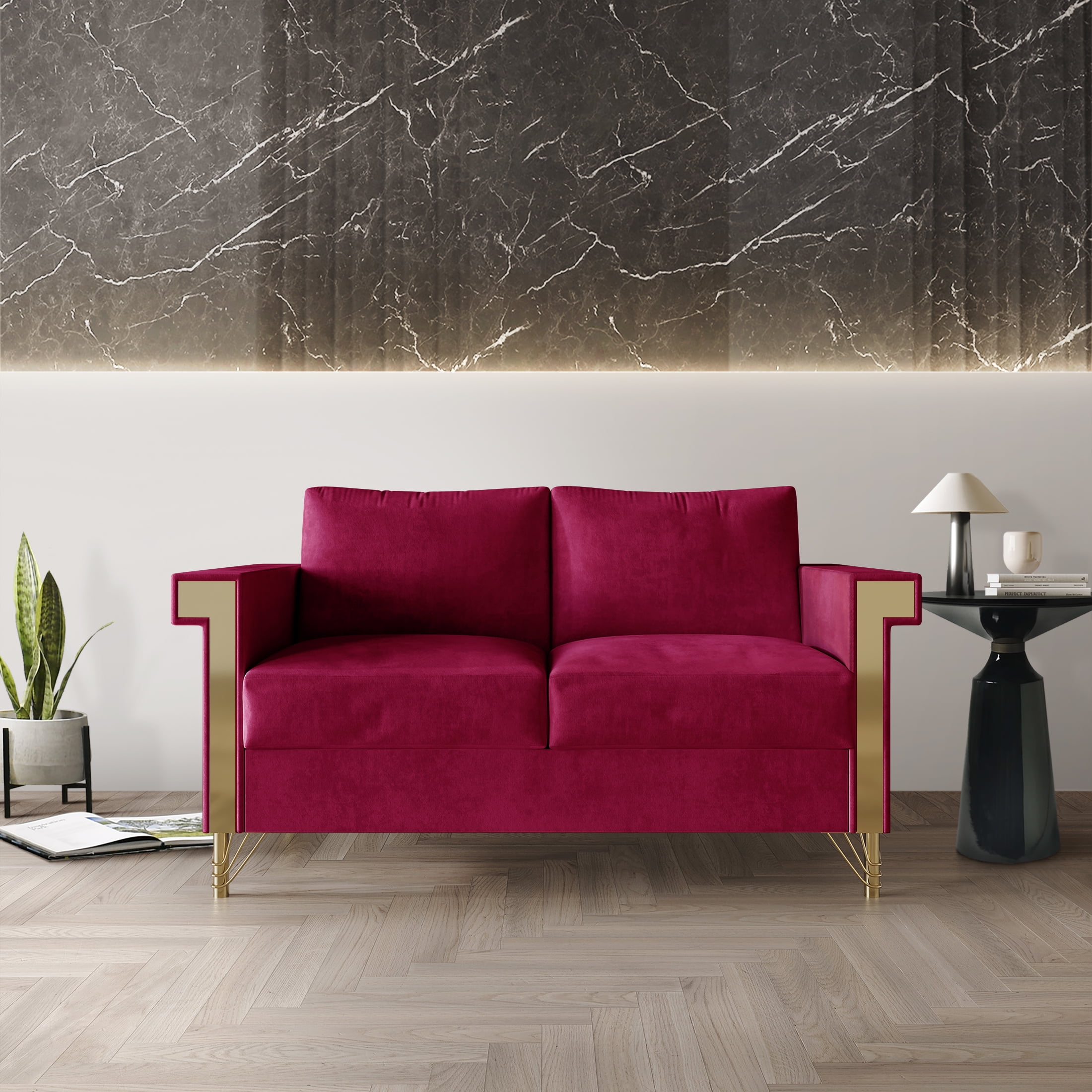 Castle Place Comtemporary Glam Velvet Upholstered Loveseat, Dark Pink