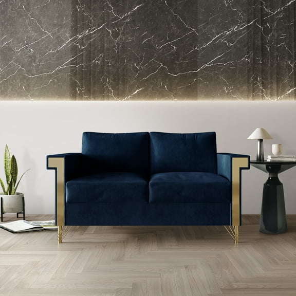 Castle Place Comtemporary Glam Velvet Upholstered Loveseat, Midnight Blue
