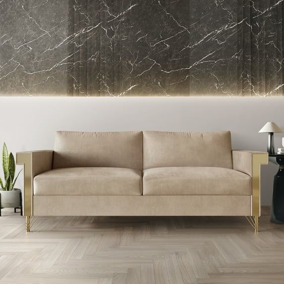 Castle Place Comtemporary Glam Velvet Upholstered Sofa, Beige