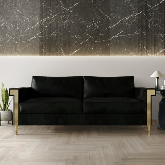 Castle Place Comtemporary Glam Velvet Upholstered Sofa, Black