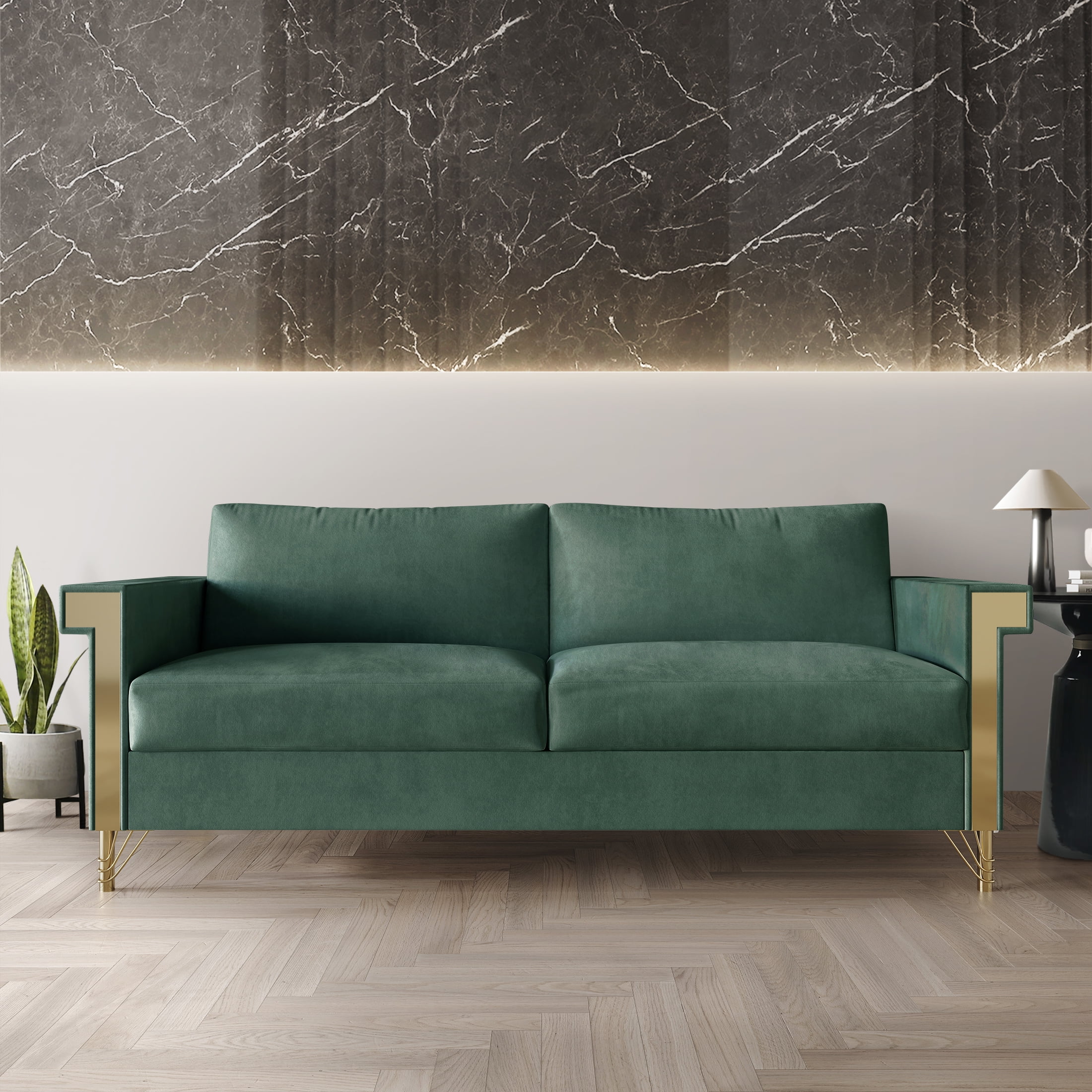 Castle Place Comtemporary Glam Velvet Upholstered Sofa, Carribean Green